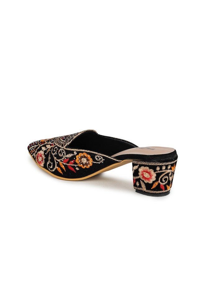She Zone Embellished Black Block Mules for Women - Image 3