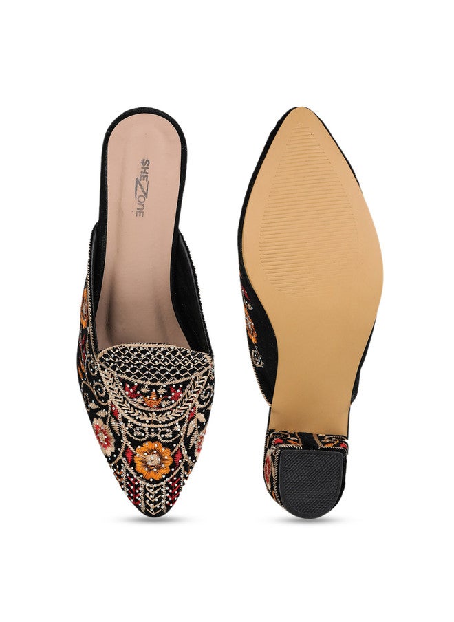 She Zone Embellished Black Block Mules for Women - Image 5