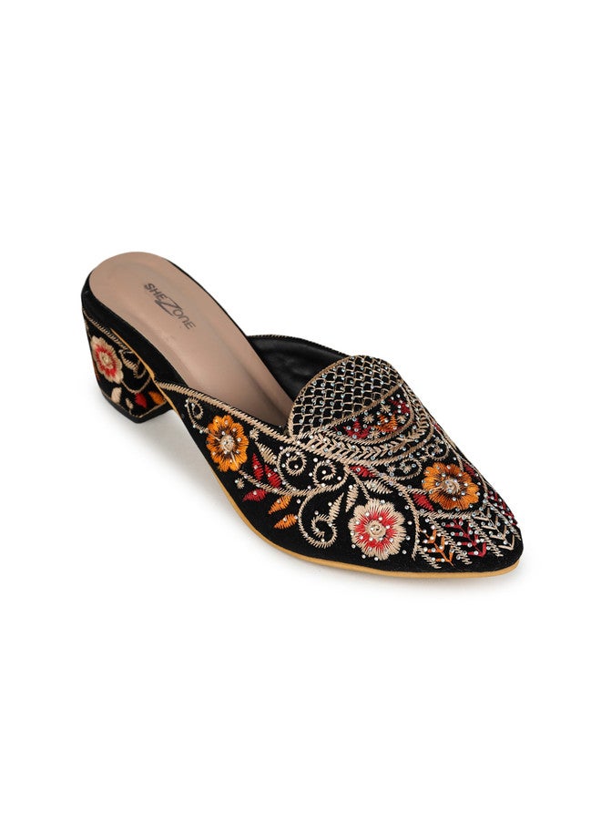 She Zone Embellished Black Block Mules for Women - Image 2