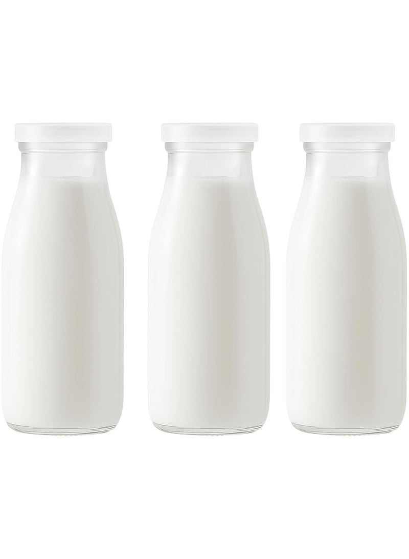 الأقصر 3 قطع زجاجة حليب زجاجية بأغطية بيضاء، زجاجات عصير 250 مل، حاويات شرب الألبان، زجاجات زجاجية صغيرة للحليب والعصير والزبادي والعصائر والعسل وصلصة الطماطم والمربى والشراب - Image 1