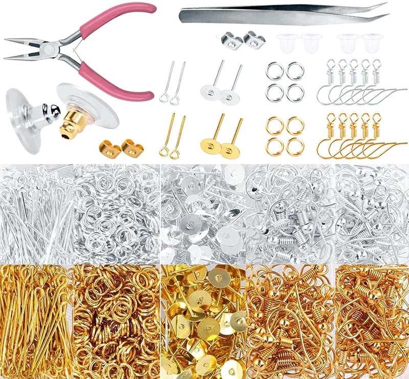 DIY Crafts DIY Crafts 200 Gram, Gold, Earring Making Kit Supplies Earring Hooks, Earring Post, Earring Backs, Jump Rings, Eye Pin Jewelry Pliers Tool for Earring Kit Earring(200 Gram, Gold)  - Image 1