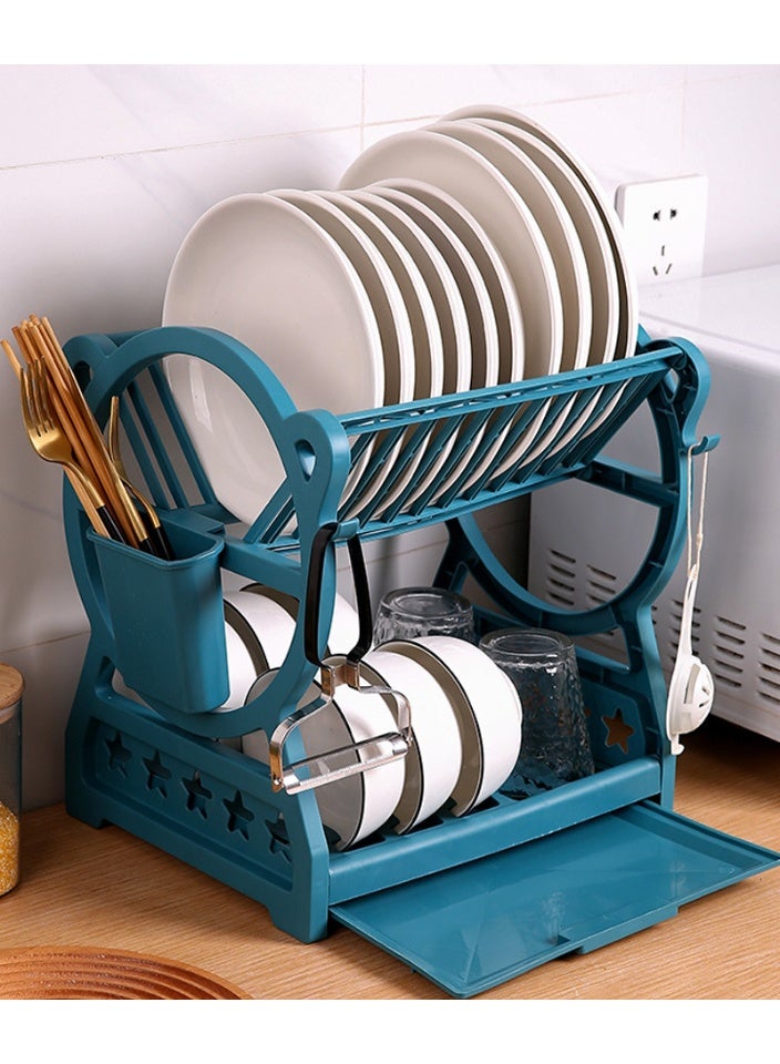 Double Layer Dish Drying Rack for Kitchen Counter, Rustproof Metal Dish Drainer with Cutlery Cup & Bowl Storage