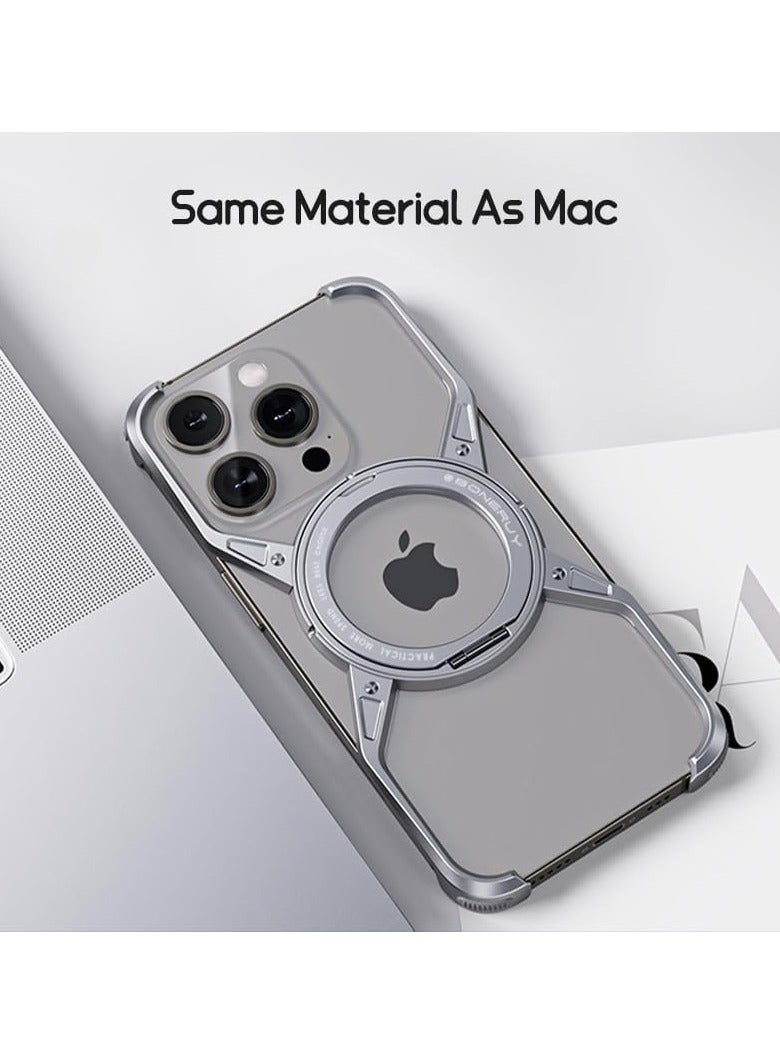 VKL Metal Case for IPhone 16 Pro Max (2024),Aluminum Alloy Hollow Phone Case with 360° Magnetic Ring Stand,Compatible with Car Mount & Wireless Charging,Anti-fall Protective Cover (Silver) - Image 4