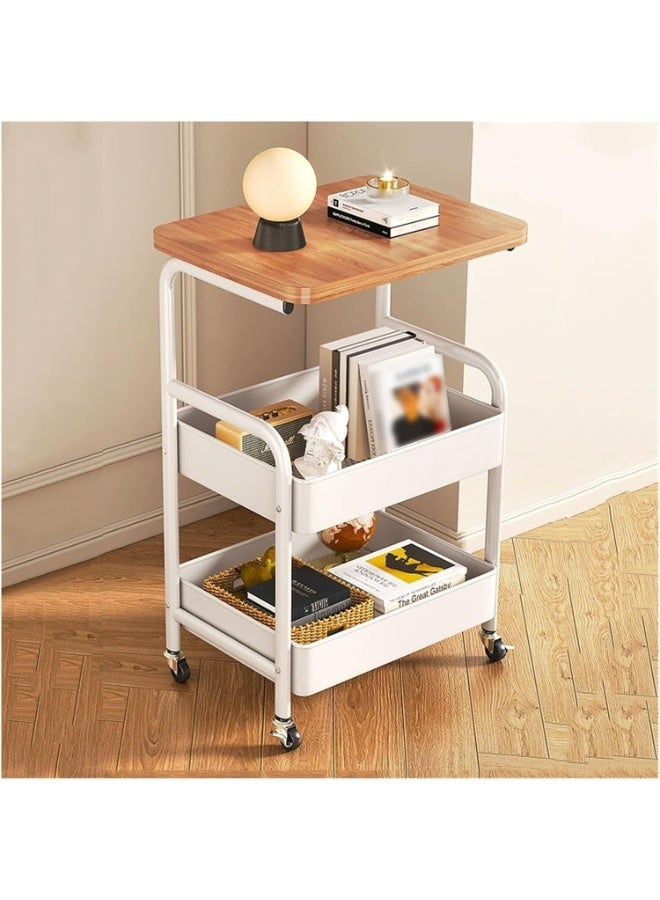 rayze Three-tier trolley with tabletop, multi-functional metal trolley with shopping basket and wooden tabletop, movable trolley storage rack, suitable for kitchen, bathroom and living room (white). - Image 1