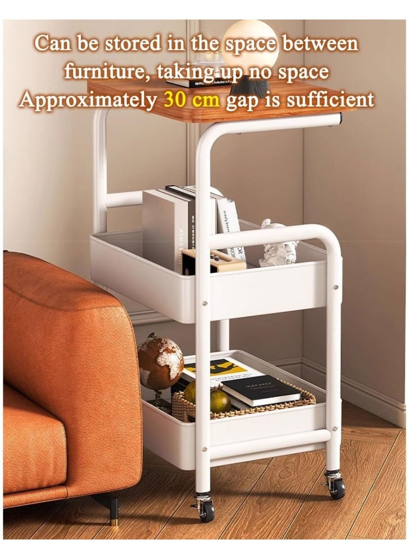 rayze Three-tier trolley with tabletop, multi-functional metal trolley with shopping basket and wooden tabletop, movable trolley storage rack, suitable for kitchen, bathroom and living room (white). - Image 3