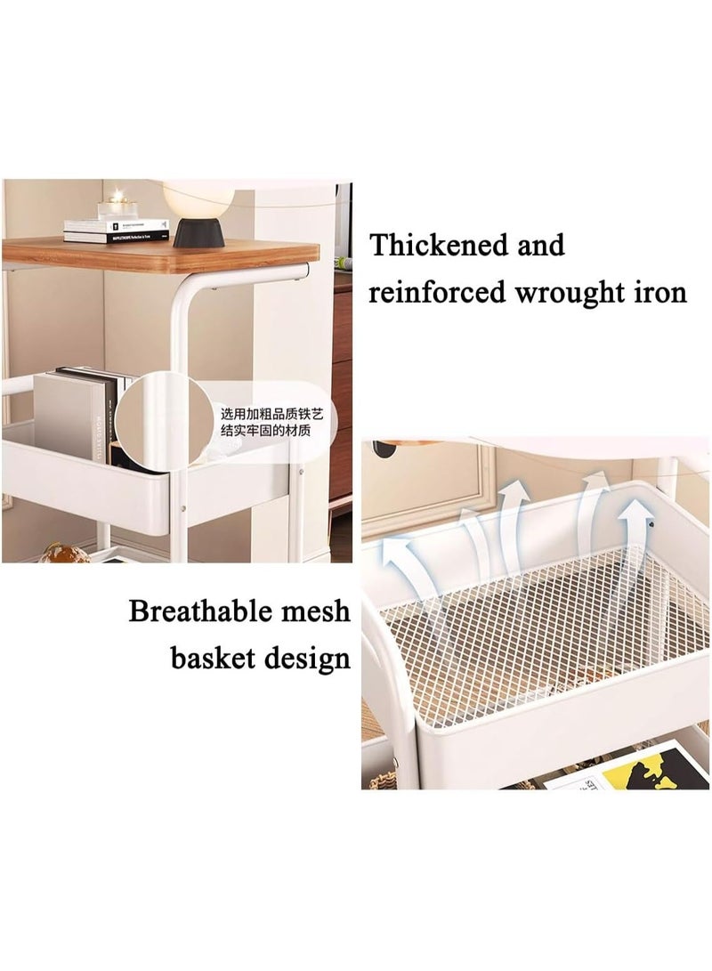 rayze Three-tier trolley with tabletop, multi-functional metal trolley with shopping basket and wooden tabletop, movable trolley storage rack, suitable for kitchen, bathroom and living room (white). - Image 5