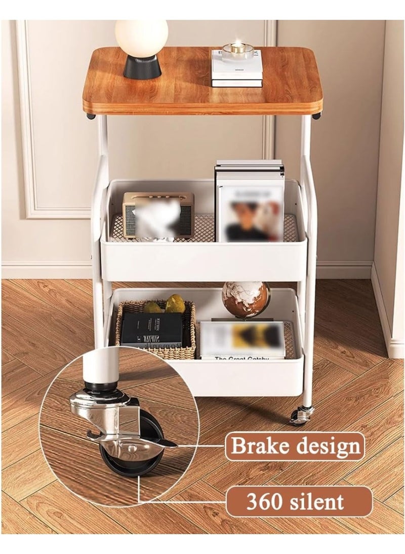rayze Three-tier trolley with tabletop, multi-functional metal trolley with shopping basket and wooden tabletop, movable trolley storage rack, suitable for kitchen, bathroom and living room (white). - Image 4