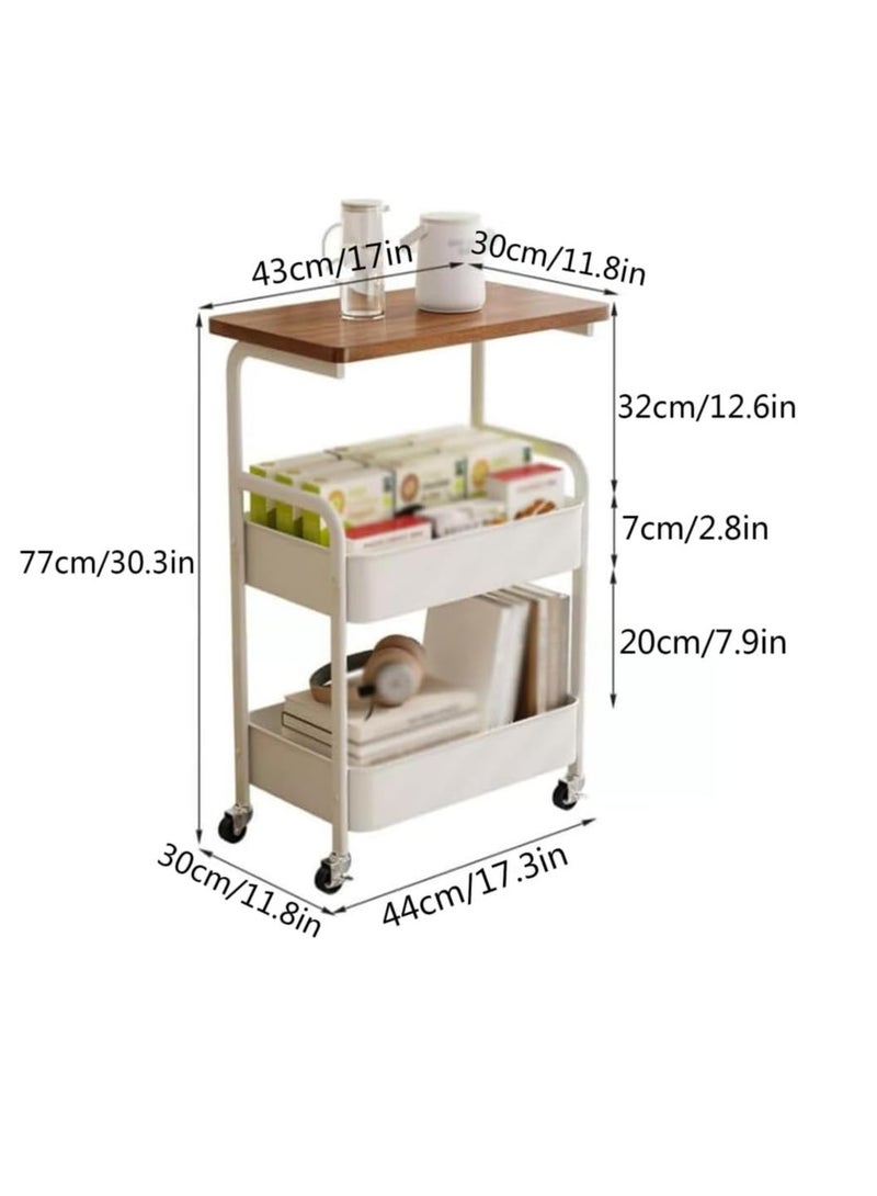 rayze Three-tier trolley with tabletop, multi-functional metal trolley with shopping basket and wooden tabletop, movable trolley storage rack, suitable for kitchen, bathroom and living room (white). - Image 2