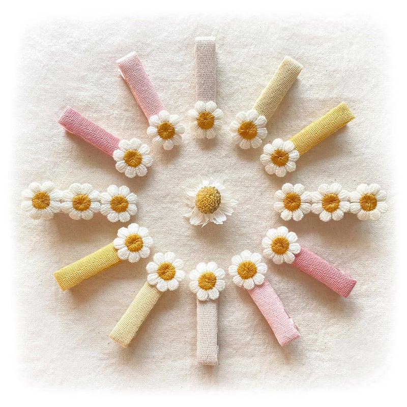 Cherssy 2 Daisy Flowers Hair Clips for Girls 12 Pcs Cotton Fully Lined Alligator Clips Non Slip Floral Baby Barrettes Hair Pins for Infant Toddler Kid School Girls Gift - Image 1