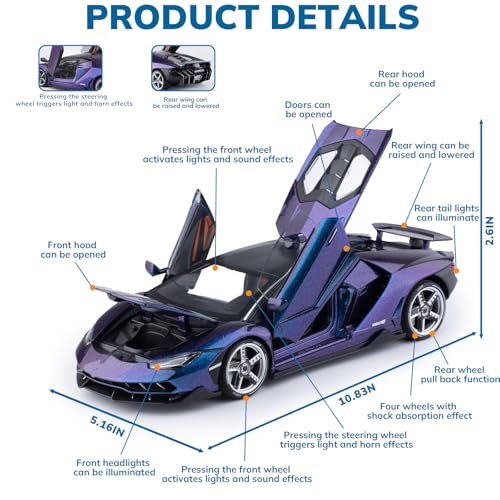 FRJV Toy Cars 118 Diecast Cars LP770 Metal Sports Car Model Car KitsCarros De Coleccion for Adults and KidsPull Back Cars with Lights and SoundsBig Toy Cars for Boys Age 47Purple - Image 5