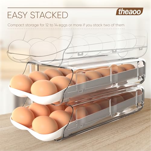 theaoo Egg Holder for Fridge, Automatic Rolling Egg Container for Refrigerator, Clear Plastic Egg Dispenser, Stackable Eggs Organizer with Quick Removable inner Tray For Organizers and Storage, 2 Pack - Image 5