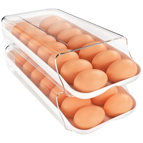 theaoo Egg Holder for Fridge, Automatic Rolling Egg Container for Refrigerator, Clear Plastic Egg Dispenser, Stackable Eggs Organizer with Quick Removable inner Tray For Organizers and Storage, 2 Pack - Image 1