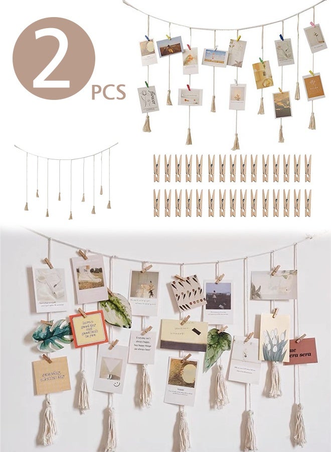 Lemon 2PCS Photo Hanging Rope for Hanging Photos, Notes,Postcard, Artworks, DIY Picture Frame Wall Decoration, Boho Photo Rope with Tassel, Photo Rope, Garland, Wall Hanging for Home, Party, Office, Wedding, with 40 Clips  - Image 1