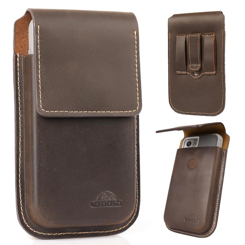 Topstache Leather Phone Holster with Belt Clip,Flip Cell Phone Pouch for iPhone 14/13 Pro Max,S23 Plus Belt Clip Phone Case,Universal Smartphone Sheath,XL,Darkbrown - Image 1