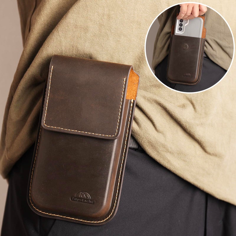 Topstache Leather Phone Holster with Belt Clip,Flip Cell Phone Pouch for iPhone 14/13 Pro Max,S23 Plus Belt Clip Phone Case,Universal Smartphone Sheath,XL,Darkbrown - Image 2