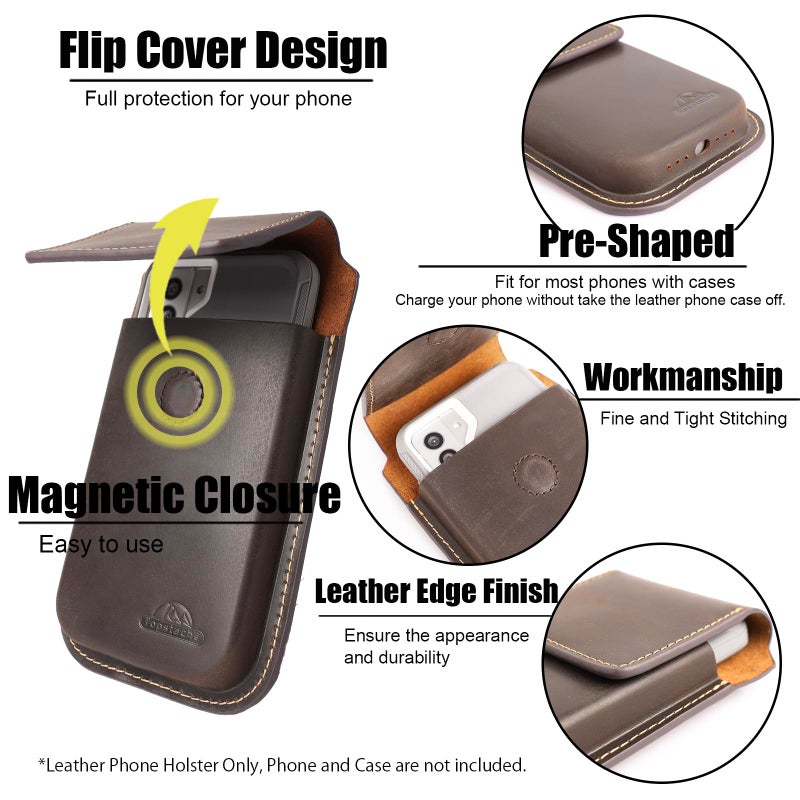 Topstache Leather Phone Holster with Belt Clip,Flip Cell Phone Pouch for iPhone 14/13 Pro Max,S23 Plus Belt Clip Phone Case,Universal Smartphone Sheath,XL,Darkbrown - Image 4