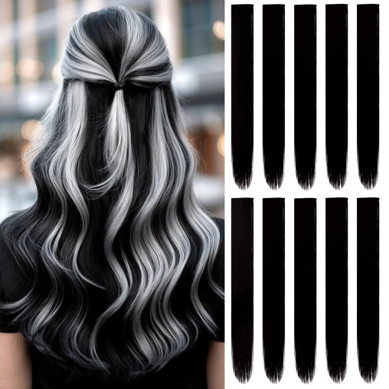 TOFAFA 22 inch Colored Hair Extensions Multicolors Party Highlights Clip in Synthetic Hair Extensions Color Party Highlights Hairpieces for Girls Women10 PCS Black