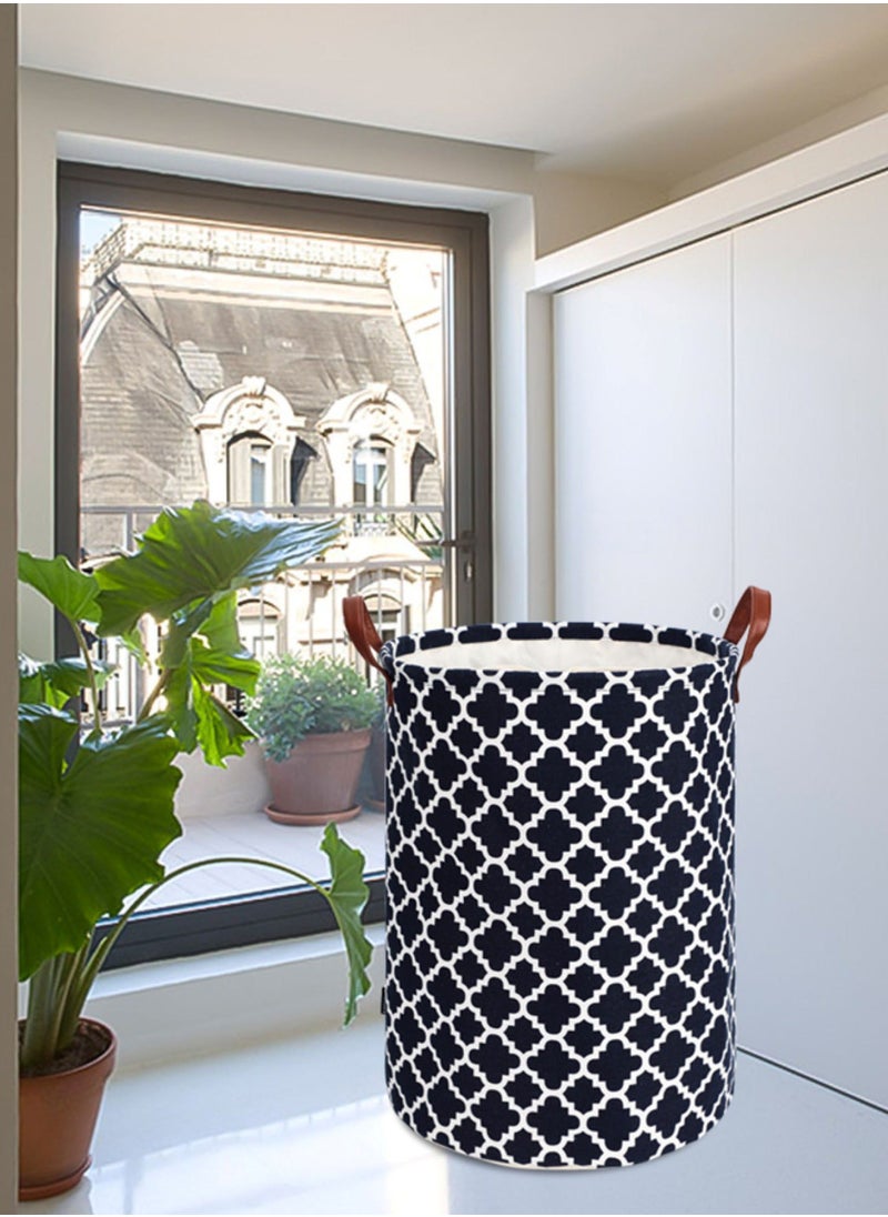 EnvoMart Large Sized Laundry Basket with Durable Leather Handle - Drawstring Round Cotton Linen Collapsible Storage Basket - Dirty Clothes Hamper for Bedroom (Dark Blue)  - Image 2