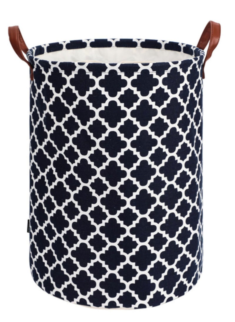 EnvoMart Large Sized Laundry Basket with Durable Leather Handle - Drawstring Round Cotton Linen Collapsible Storage Basket - Dirty Clothes Hamper for Bedroom (Dark Blue)  - Image 1