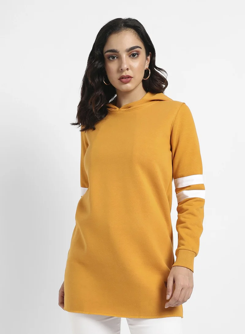 كامبوس سوترا Women's Mustard Yellow Pullover Long Hoodie For Casual Wear | Hooded Neck | Long Cuffed Sleeves | Pull On Closure | Sweatshirt Crafted With Comfort Fit For Everyday Wear