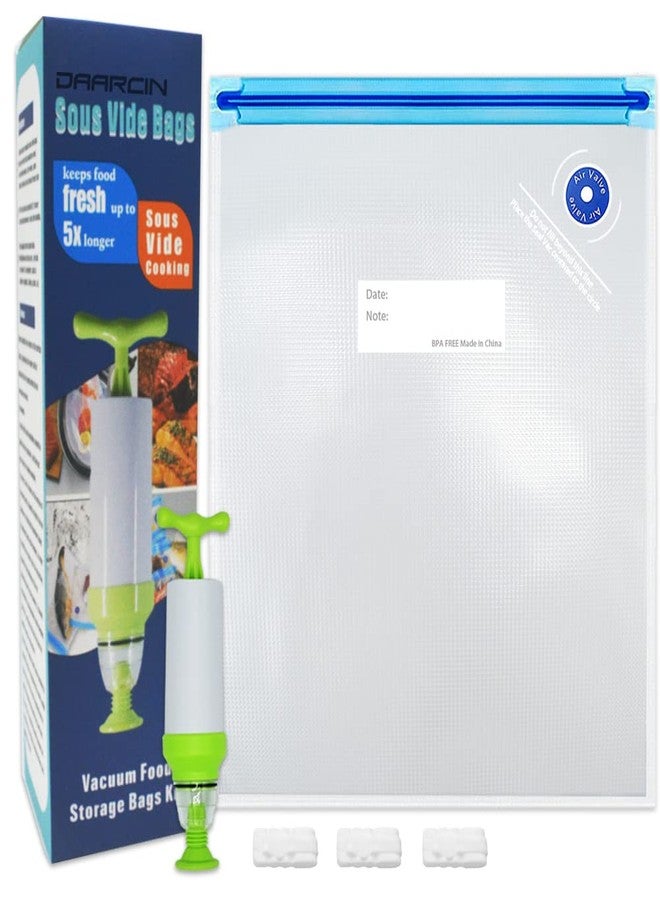 Daarcin 30pcs Large Sous Vide Bags (10.2x13.4in/26 * 34cm) BPA Free Reusable Vacuum Sealer Bags Keep Food Fresh with 1 Vacuum Hand Pump and 3 Sealing Clips - Image 1