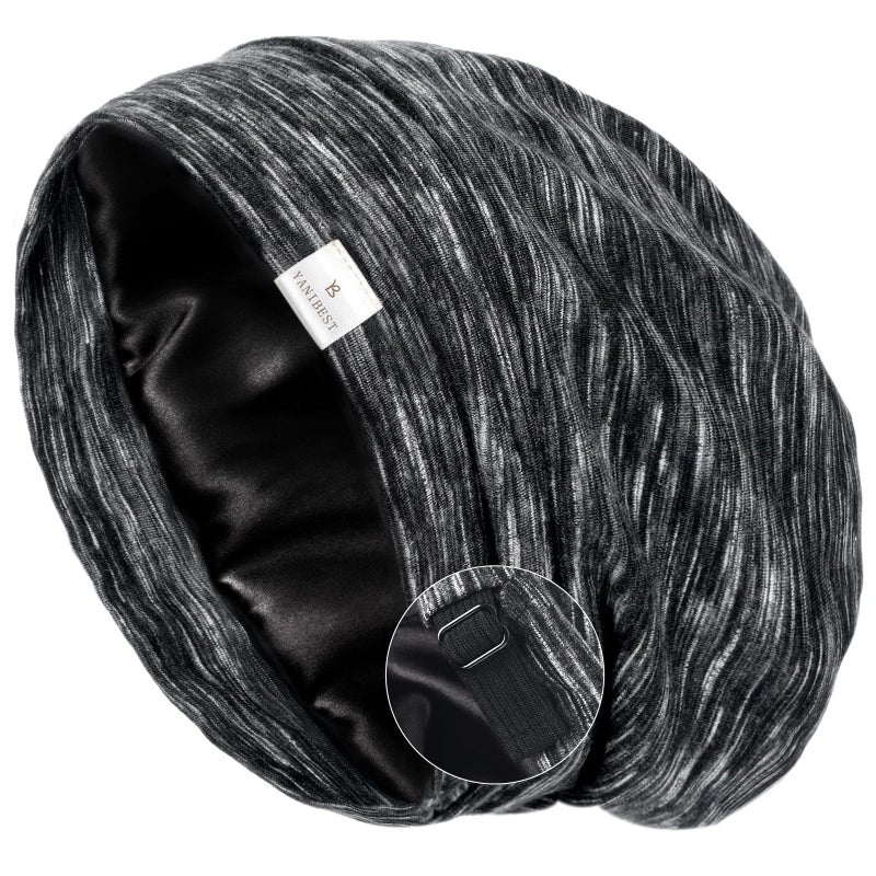YANIBEST Silk Satin Bonnet Hair Wrap for Sleeping Adjustable Slouchy Beanie for Women Silk Lined for Curly Hair and Braids Black
