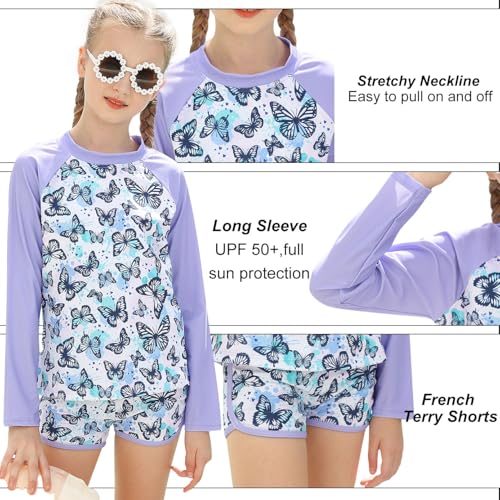 Vogseek Swimsuit for Girls Size 7-8 Butterflies Purple Bikini Long Sleeve 2 Pcs UV Sun Protection Swimwear with Swim Shorts Child Girls 7-8 Summer Holiday - Image 4