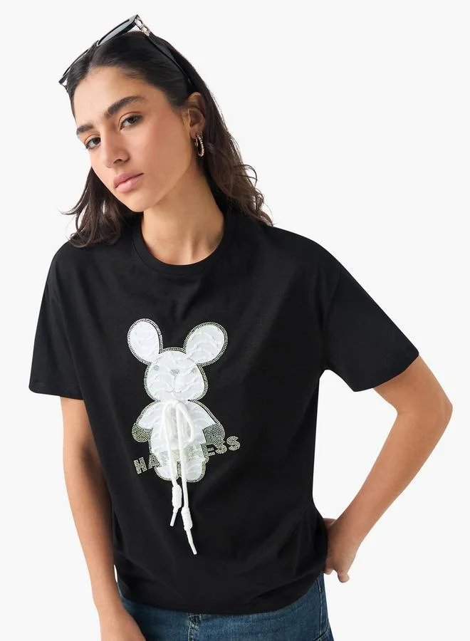 2Xtremz 2Xtremz Embellished Crew Neck T-shirt with Short Sleeves