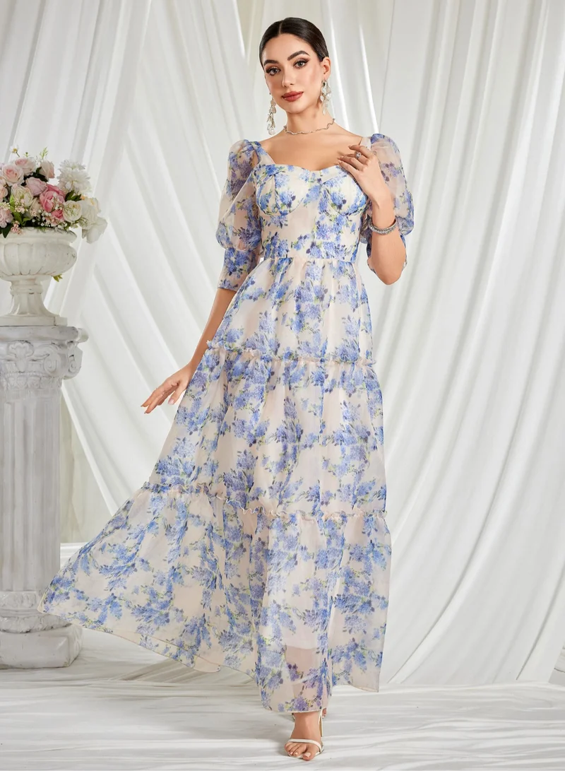 Madam Uniq Blue - White Floral Print Off - Shoulder Puff - Sleeve Tiered Maxi Dress