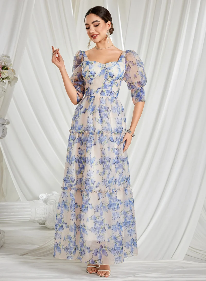 Madam Uniq Blue - White Floral Print Off - Shoulder Puff - Sleeve Tiered Maxi Dress