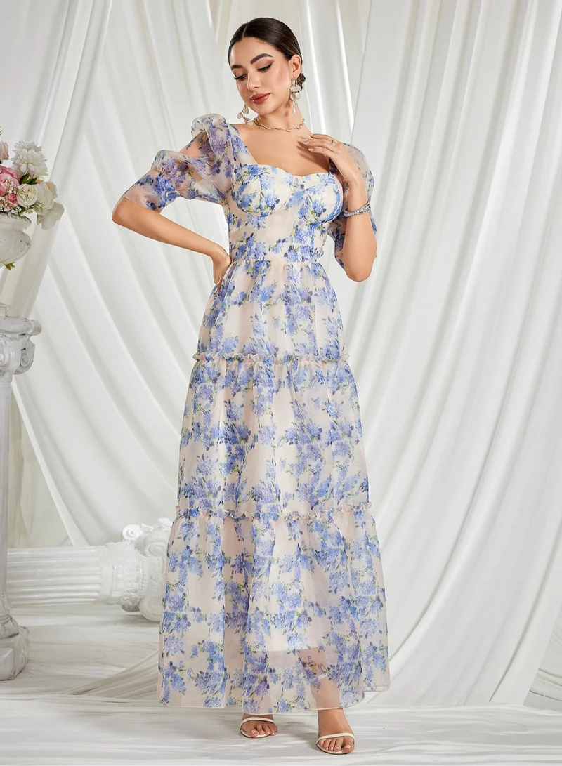 Madam Uniq Blue - White Floral Print Off - Shoulder Puff - Sleeve Tiered Maxi Dress