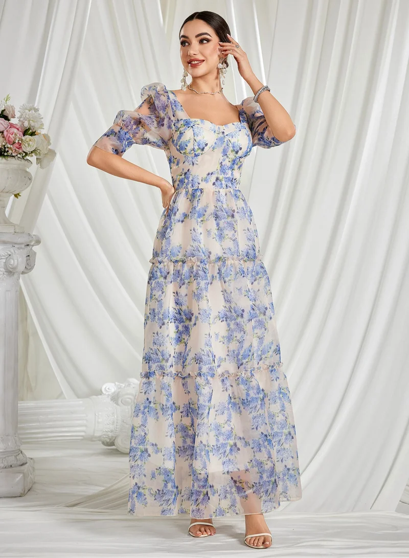 Madam Uniq Blue - White Floral Print Off - Shoulder Puff - Sleeve Tiered Maxi Dress
