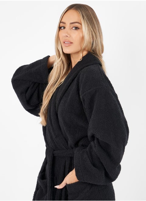 Shawl Bathrobe for Adults, 100% Cotton Black, Soft & Absorbent Spa & Hotel Quality Robe (S/M)