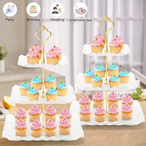 Coitak 3 Tier Cupcake Stand, Plastic Tiered Serving Stand, Square Dessert Tray for Tea Party, Baby Shower and Wedding (Pure White) - Image 2