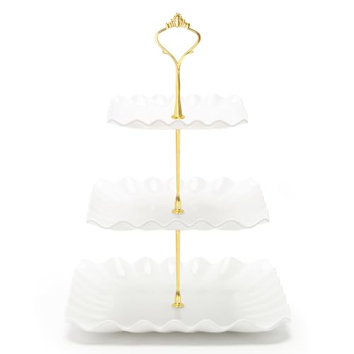 Coitak 3 Tier Cupcake Stand, Plastic Tiered Serving Stand, Square Dessert Tray for Tea Party, Baby Shower and Wedding (Pure White) - Image 1