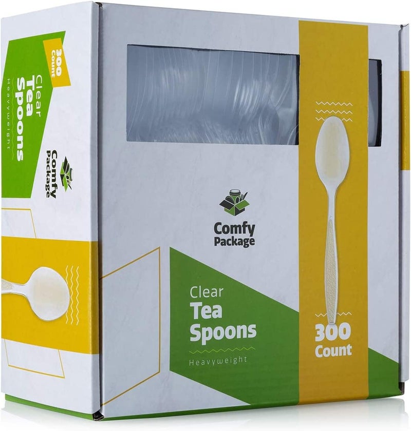 Comfy Package 300 Pack Heavyweight Clear Plastic Tea Spoons with Engraved Design  Disposable Sturdy Plastic Utensils for Parties Weddings and Events