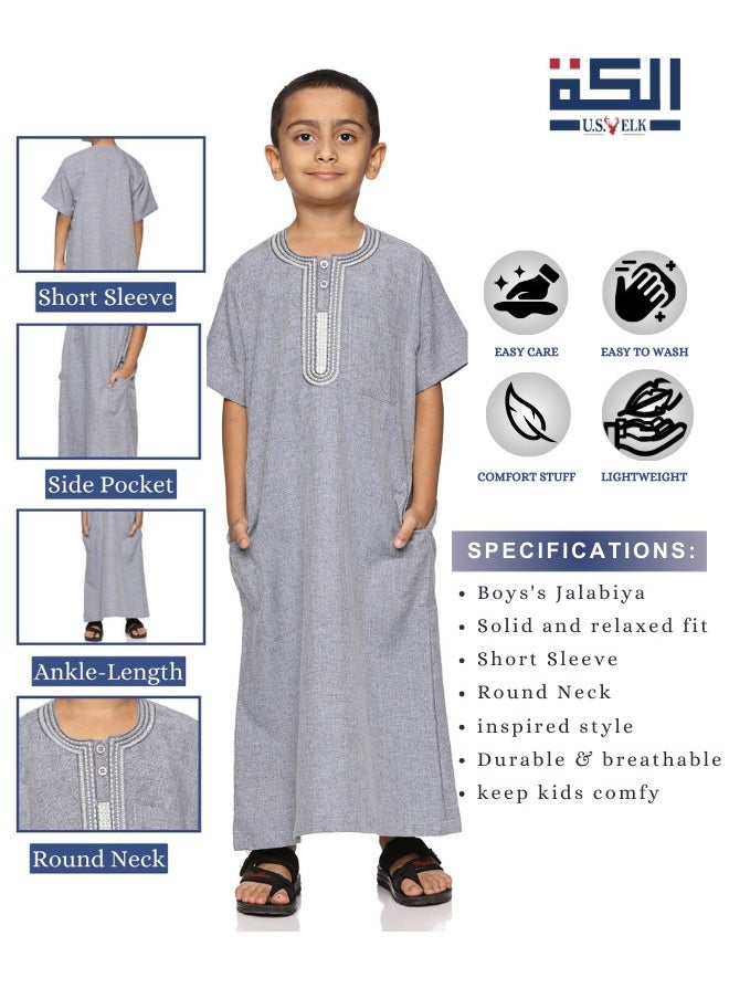 U.S. ELK Boys' Round Neck Short Sleeve Jalabiya | Comfortable and Stylish Kaftan-Inspired Thobe - Blue  - Image 2
