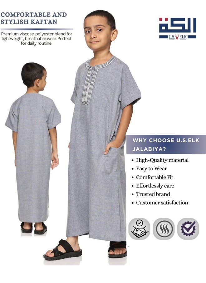 U.S. ELK Boys' Round Neck Short Sleeve Jalabiya | Comfortable and Stylish Kaftan-Inspired Thobe - Blue  - Image 3