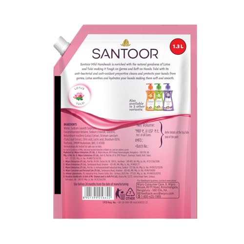 Santoor Mild Gentle Hand Wash 1300ml with Goodness of Lotus & Tulsi| Rich Lathering Formula with Anti-Bacterial Properties| Soft on Hands| Soothes & Hydrates Skin - Image 4