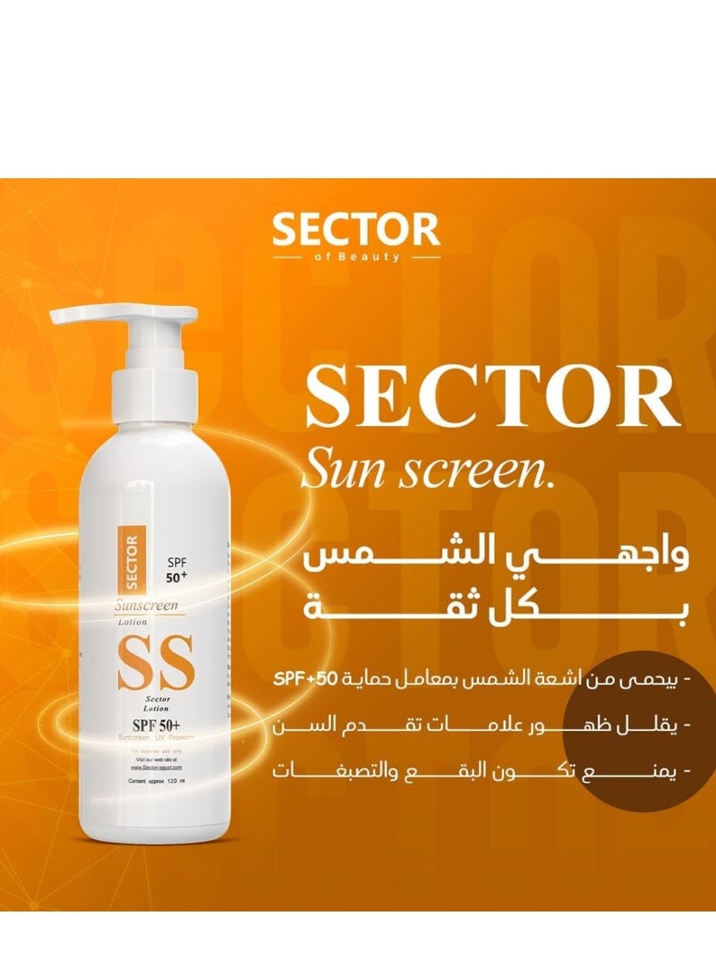 لوشن واقي الشمس سيكتور سيكتور - 120 مل - SPF +50 - حماية ضد الأشعة فوق البنفسجية - مع مستخلص الشاي الأخضر والخيار لتهدئة البشرة - لوشن للوجه والجسم - لوشن حماية من الشمس - ترطيب البشرة