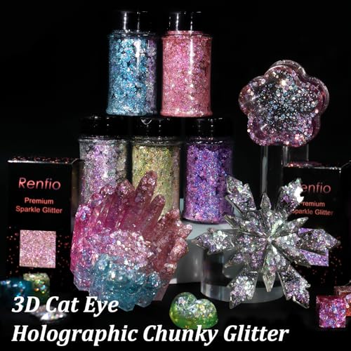 Renfio Holographic Chunky Glitter,1.76oz/50g Silver Iridescent Resin Glitter,Chameleon Fine Powder Mixed Chunky Hexagon Sequins for Snowglobe Tumblers,Expoy Resin,Crafts,Festival Decoration,Nail,Slime - Image 4