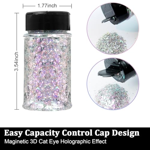Renfio Holographic Chunky Glitter,1.76oz/50g Silver Iridescent Resin Glitter,Chameleon Fine Powder Mixed Chunky Hexagon Sequins for Snowglobe Tumblers,Expoy Resin,Crafts,Festival Decoration,Nail,Slime - Image 2