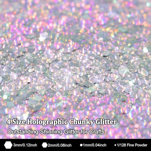Renfio Holographic Chunky Glitter,1.76oz/50g Silver Iridescent Resin Glitter,Chameleon Fine Powder Mixed Chunky Hexagon Sequins for Snowglobe Tumblers,Expoy Resin,Crafts,Festival Decoration,Nail,Slime - Image 3