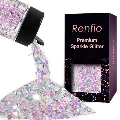 Renfio Holographic Chunky Glitter,1.76oz/50g Silver Iridescent Resin Glitter,Chameleon Fine Powder Mixed Chunky Hexagon Sequins for Snowglobe Tumblers,Expoy Resin,Crafts,Festival Decoration,Nail,Slime - Image 1
