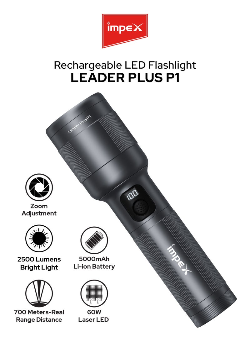 Impex Rechargeable LED Flashlight | 3 Modes (High, Low, Strobe) | Aircraft Aluminum Body | Type-C Charging | Waterproof, Zoomable Beam, 5000mAh Battery | 700M Long Range | 3.9 Hours Working Time | Rotatable Head | Leader Plus P1 - Image 1