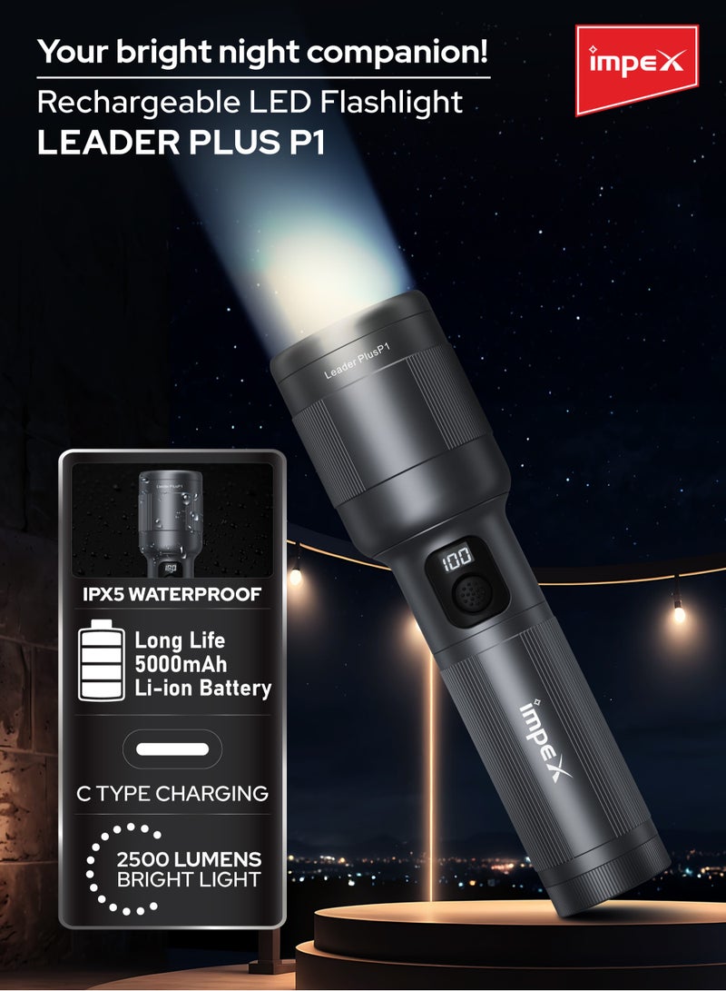 Impex Rechargeable LED Flashlight | 3 Modes (High, Low, Strobe) | Aircraft Aluminum Body | Type-C Charging | Waterproof, Zoomable Beam, 5000mAh Battery | 700M Long Range | 3.9 Hours Working Time | Rotatable Head | Leader Plus P1 - Image 2