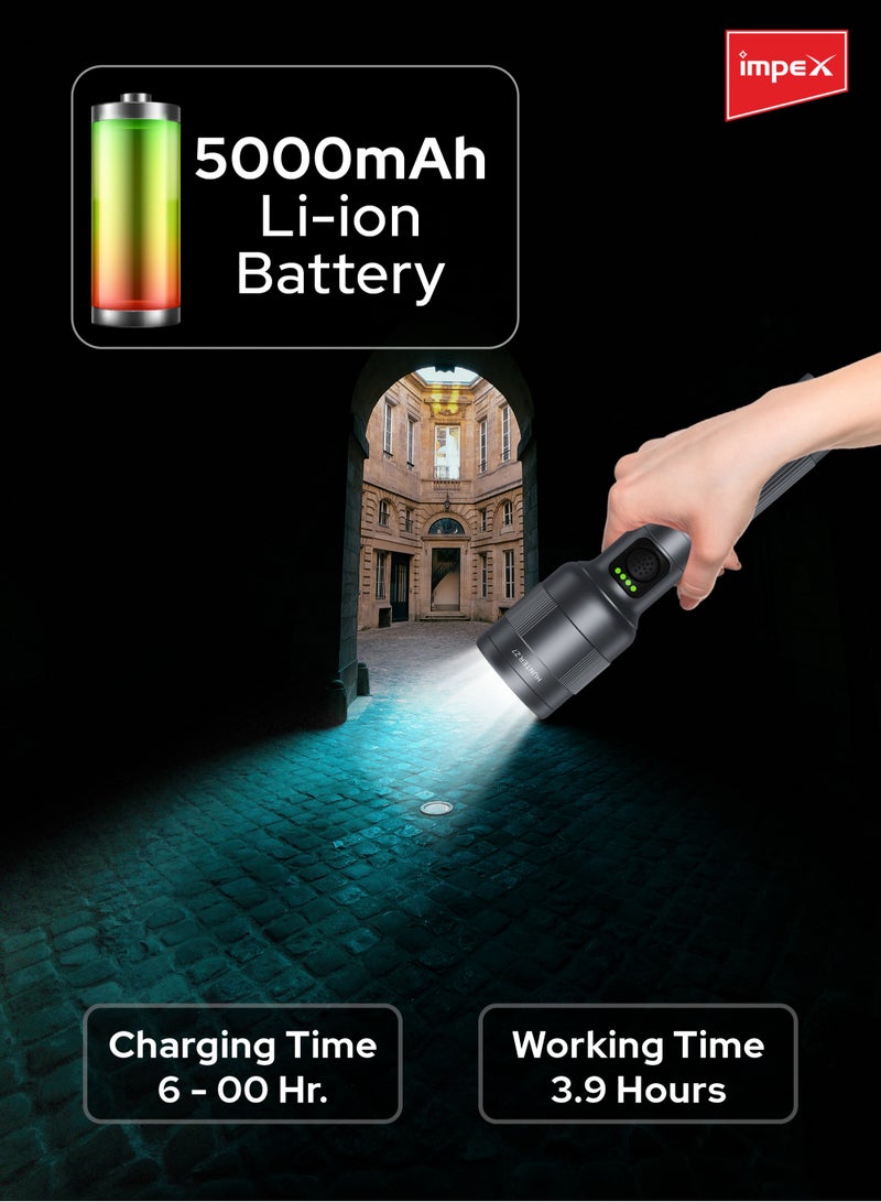 Impex Rechargeable LED Flashlight | 3 Modes (High, Low, Strobe) | Aircraft Aluminum Body | Type-C Charging | Waterproof, Zoomable Beam, 5000mAh Battery | 700M Long Range | 3.9 Hours Working Time | Rotatable Head | Leader Plus P1 - Image 3