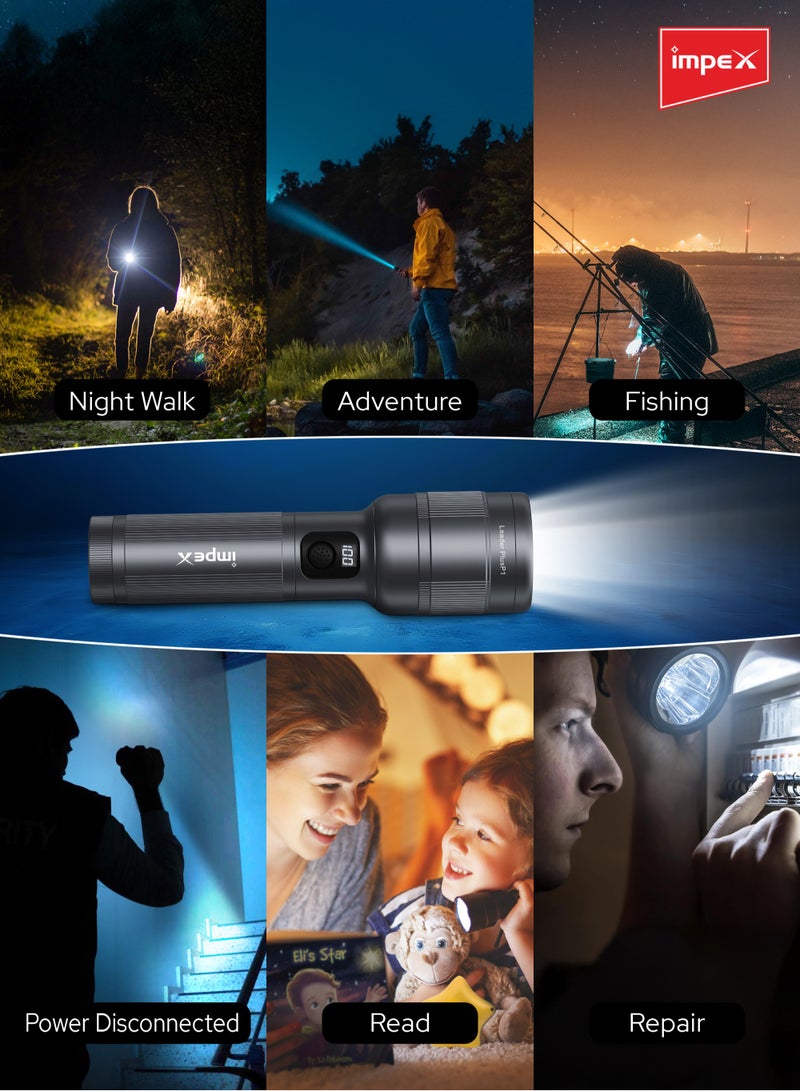 Impex Rechargeable LED Flashlight | 3 Modes (High, Low, Strobe) | Aircraft Aluminum Body | Type-C Charging | Waterproof, Zoomable Beam, 5000mAh Battery | 700M Long Range | 3.9 Hours Working Time | Rotatable Head | Leader Plus P1 - Image 5