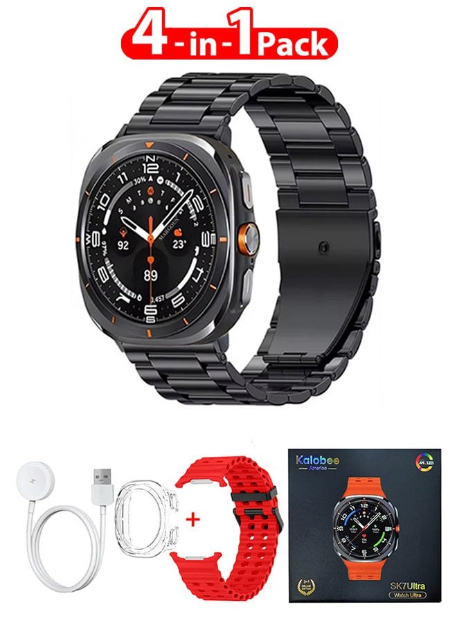 Kalobee حزمة ساعة SK7 الذكية الفائقة مع الملحقات بما في ذلك 1 حزام من الفولاذ المقاوم للصدأ الأسود 1 حزام سيليكون أحمر وكابل شحن وحافظة واقية من TPU - Image 1