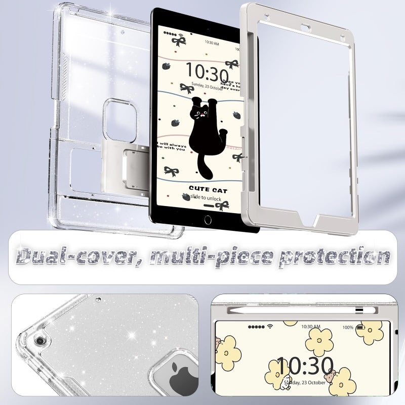 INFILAND Case for iPad 9th/8th/7th Generation 2021/2020/2019 10.2 inch Glitter Clear, Shockproof Protective Cute iPad 7/8/9 Gen Cover with Stand, Pencil Holder for Kids, Girls, Women (Silver) - Image 3